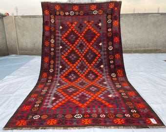 Geometric 4x8 Red Afghan Kilim Rug - Vintage Tribal Handwoven Area Rug - Turkmen Antique Handmade Flatweave Rug 4.4x7.7 ft - Living Room Rug