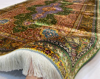 Super Fine Quality 4x6 ft Oriental Turkish One-of-a-Kind Antique Medallion Pure Silk Modern Area Rug - Olive Gold Yellowish Green Night Blue