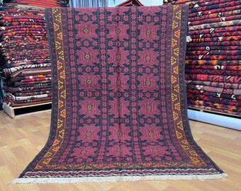 4x7 ft Red Afghan Adraskan Soumak Rug - Turkmen Tribal Handwoven Embroidered Herat Oriental Rug 3.11x6.8 ft - Rugs for Living Room - Bedroom