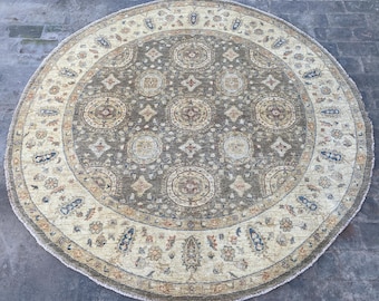 6x6 Gray Beige Serapi Round Area Rug - Handmade Afghan Chobi Oriental Rug - Boho Turkmen Ziegler Geometric Tribal Oushak Dining Table Carpet
