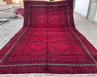 6x11 Red Handmade Afghan Large Rug - Tribal Vintage Long Baluch Rug - Hand Knotted Oriental Handspun Wool Rug - Turkmen Caucasian Area Rug