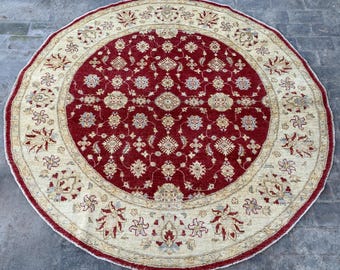 6x6 Red Beige Afghan Oriental Floral Circle Rug - Bidjar Round Area Rug - Hand Knotted Turkmen Ziegler Chobi Rug - Turkish Oushak Tribal Rug