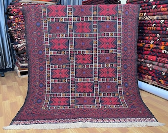 4x6 Handwoven Red Afghan Tribal Rug - Turkmen Traditional Embroidered Herat Oriental Rug 4.7x6.5 ft - Caucasian Soumak Rug - Turkish Kilim