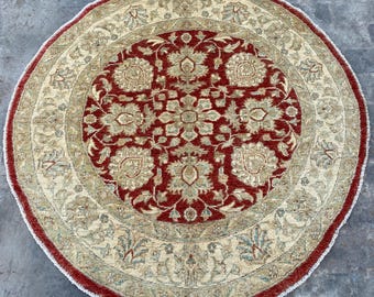 5x5 Red Beige Floral Serapi Round Rug - Turkmen Chobi Circle Shape Rug - Afghan Ziegler Hand Knotted Natural Dyes Oushak Dining Table Carpet