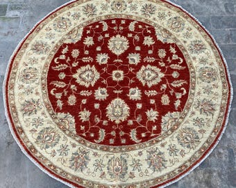 5x5 Red Beige Durable Chobi Turkmen Handspun Wool Ziegler Rug - Hand Knotted Turkish Oushak Round Rug - Afghan Geometric Floral Area Carpet