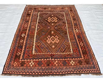 Muted Brownish Red Oriental Area Rug 6x9 Afghan Handwoven Veg Dyes Wool Kilim - 6.5 x 8.10 ft - 196 x 270 cm