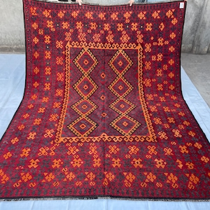 Antique 7x10 Turkmen Geometric Kilim Rug - Bohemian Afghan Veg Dyes Wool Oriental Rug 7&#39;5x9&#39;7 - Handwoven Geometric Tribal Rug - 227x291 cm