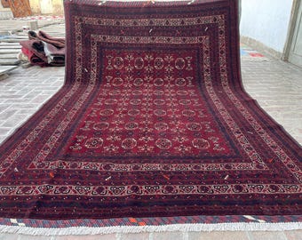 7x10 Hand Knotted Afghan Fine Kunduz Carpet - Rich Red Authentic Geometric Turkmen Oriental Wool Rug - Rugs for Living Room - Bedroom - Kids