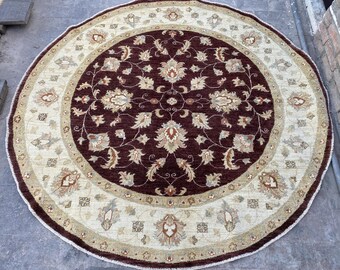 Chocolate 7x7 Hand Knotted Floral Area Rug - Rounded Turkmen Chobi Veg Dye Wool Oriental Rug - Brown Ziegler Oushak Turkish Traditional Rug