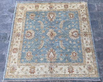 3x3 Pale Blue Ziegler Square Area Rug - Handmade Afghan Chobi Handspun Wool Rug - Unique Size Turkish Oushak Muted Floral Rug - Bedroom Rug
