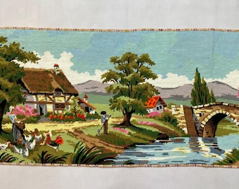 4x2 Antique 1980s French Pictorial Portrait Tapestry Wall Decor Art - Village Farmer Hens Mountains Trees River Bridge Wall Hanging 3.7x1.7