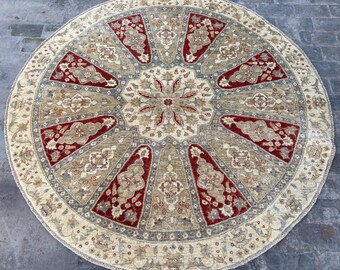 6x6 Red Blue Beige Turkmen Round Rug - Afghan Chobi Handspun Wool Rug - Natural Veg Dyes Ziegler Medallion Oushak Rug - Turkish Table Carpet