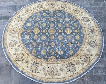 6x6 Soft Blue Beige Serapi Oushak Round Area Rug - Afghan Ziegler Chobi Floral Wool Rug - Turkmen Geometric Turkish Natural Veg Dyes Carpet