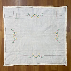 2.5x2.7 ft Classic Cross Stitch Crochet Tablecloth - Ivory Linen Tablecloth with Crochet Lace - European Arts and Crafts - Farmhouse Decor