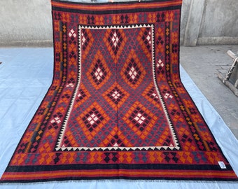 7x10 ft Veg Dyes Afghan Kilim Rug - Turkmen Handwoven Oriental Rug 6.5x9.7 ft - Handmade Medallion Turkish Vintage Rug - Boho Home Decor