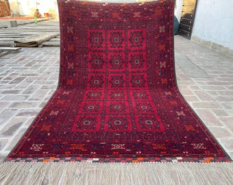 4x7 Red Antique Top Quality Afghan Rug - Collecter's Piece Hand Knotted Kunduz Fine Carpet - Turkmen Bukhara Chimcha Chanaq Pattern Area Rug