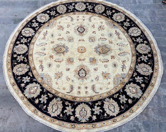 6x6 Beige Black Turkmen Round Area Rug - Afghan Hand Knotted Veg Dyes Wool Circle Floral Rug - Oriental Turkish Oushak Ziegler Bedroom Rug