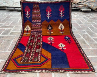 FREE SHIPPING 3x5 Red Blue Pictorial Baluch Rug - Scenery Scene Trees River Tribal Nomadic Oriental Rug - Wall Hanging Accent Carpet 3x4'5