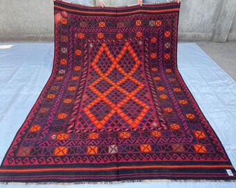 6.4x9.4 ft Afghan Oriental Rug - 7x10 ft Tribal Veg Turkmen Ghalmori Maimana Kilim Rug - Geometic Handwoven Vintage Area Rug - Bedroom Rug