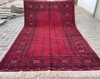 7x10 Red Fine Quality Afghan Bukhara Rug - Authentic Handmade Mouri Gul Carpet - Turkmen Oriental Tekka Rug - Dining room - Living Room Rug
