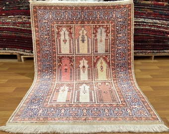 3.2x4.2 ft Fine Woven Decorative Kashmiri 3x4 Silk Rug - Prayer Design Kashmir Silk Rug - Handmade Oriental Wall Hanging Rug - Home Decor