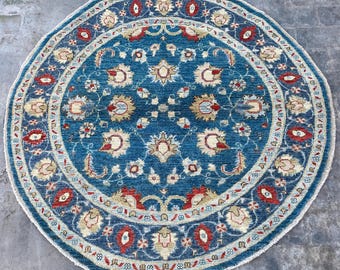 5x5 Rich Blue Flowers Round Rug - Boho Home Decor Rug - Modern Contemporary Circle Rug - Serapi Turkmen Ziegler Oushak Dining Table Carpet