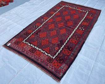 1980s Old 4x7 ft Geometric Tribal Kilim Rug - Antique Handmade Wool Area Rug - Veg Dyes Turkmen Rug 4.1x7.5 ft - Kitchen - Office 125x226 cm