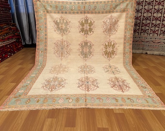 4.9x6.3 ft Antique 1930s Oriental Caucasian Kilim Rug - Very Fine Woven All A to Z Pure 100% Silk Rug - One-of-a-kind Embroidered Unique Rug
