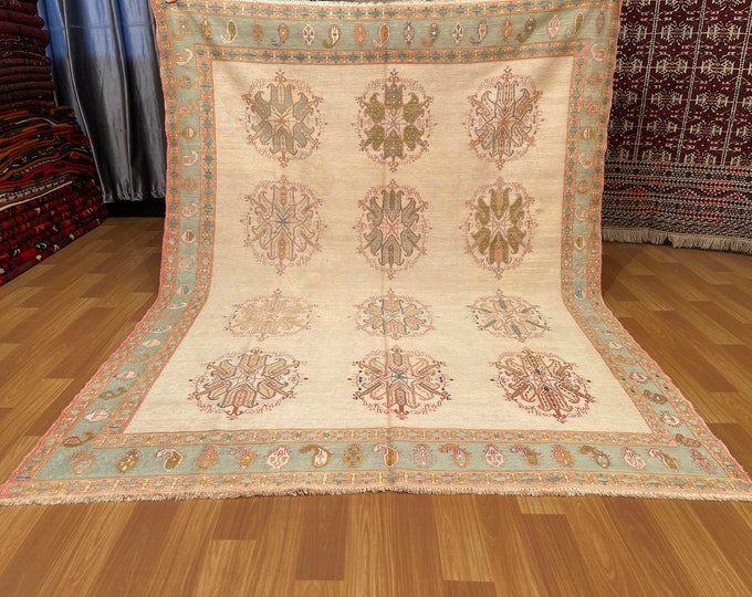 Featured listing image: 4.9x6.3 ft Antique 1930s Oriental Caucasian Kilim Rug - Very Fine Woven All A to Z Pure 100% Silk Rug - One-of-a-kind Embroidered Unique Rug