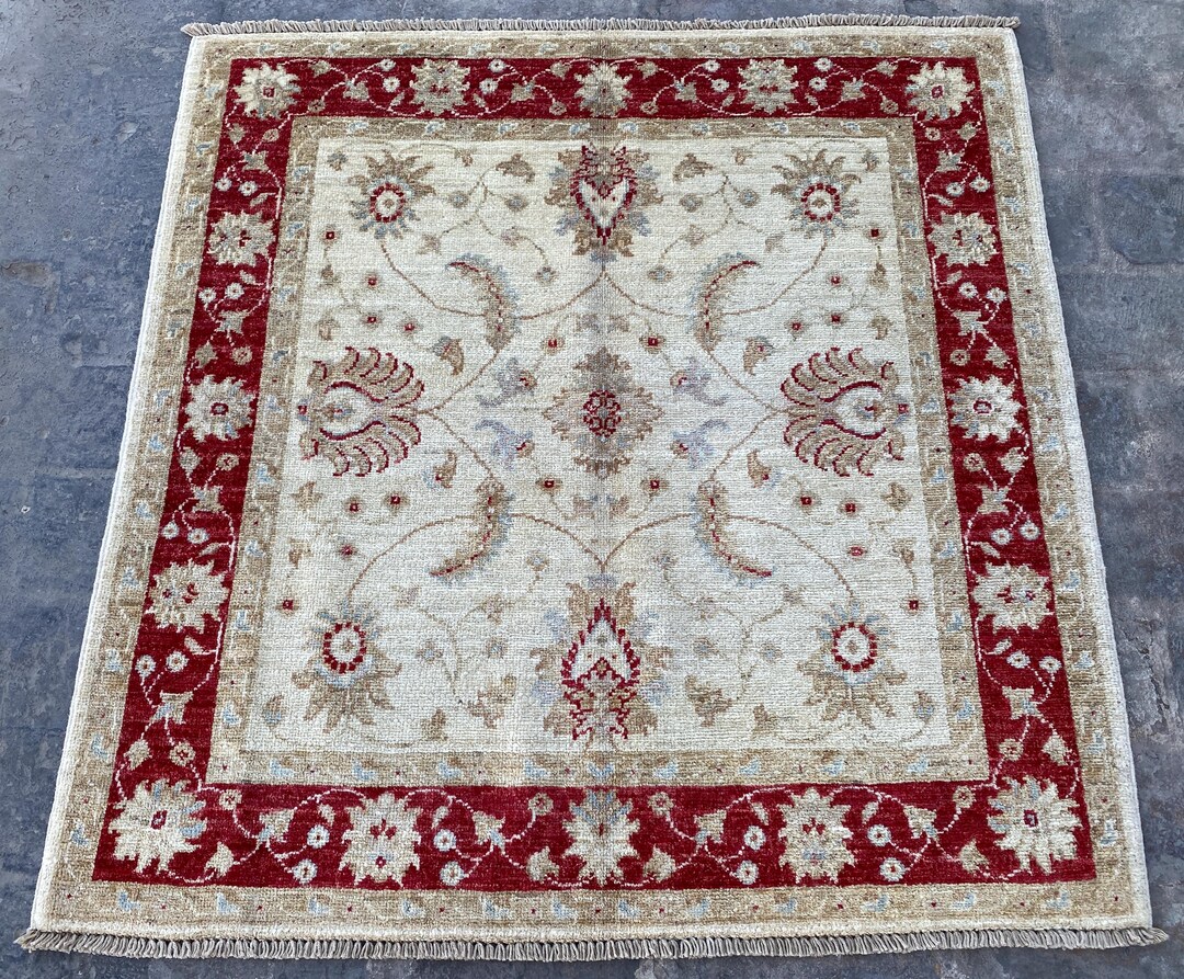 Square 3x3 Beige Red Border Flowers Rug - Handmade Afghan Oriental ...