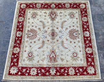 Square 3x3 Beige Red Border Flowers Rug - Handmade Afghan Oriental Chobi Rug - Floral Chobi Turkish Oushak Ziegler Rug - Bedroom Office Rug