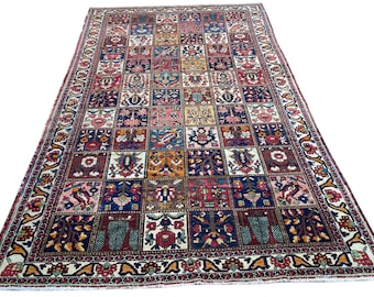 7x12 Antique 1950s Four Seasons Area Rug - Handmade Colorful Garden & Animal Motifs, Quilt-Like Allover Pattern Oriental Carpet 6.11x11.7 ft