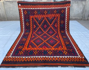 6.8x9.6 ft Afghan Vintage Handmade Kilim Rug - Tribal Turkmen Maimana Kilim Rug 7x10 - Handwoven Veg Dyes Wool Rug - Rugs for Living Room