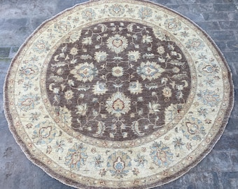 Brown 6x6 Floral Area Rug - Handmade Round Afghan Chobi Rug - Turkmen Natural Dyes Wool Flowers Rug - Durable Serapi Turkish Oushak Carpet