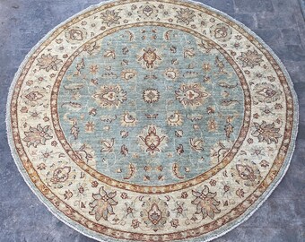 5x5 Ziegler Rug - Handmade Round Rug - Turkmen Traditional Table Rug - Floral Chobi Afghan Area Rug - Oushak Anaoltian Pale Blue Muted Rug