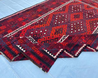 8x13 ft Red Turkmen Handmade Flatweave Geometric Rug - Handwoven Veg Dyes Wool Rug 7.10x13.3 ft - Large Geometric Tribal Area Rug 240x404 cm