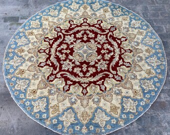 6x6 Red Beige Blue Serapi Round Rug - Hand Knotted Oriental Afghan Chobi Handspun Wool Rug - Natural Veg Dyes Oushak Circle Medallion Carpet