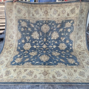 6x6 Soft Navy Blue Ziegler Area Rug - Afghan Chobi Hand Knotted Oriental Rug - Floral Turkish Oushak Tribal Wool Rug - Square Bedroom Carpet