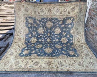 6x6 Soft Navy Blue Ziegler Area Rug - Afghan Chobi Hand Knotted Oriental Rug - Floral Turkish Oushak Tribal Wool Rug - Square Bedroom Carpet