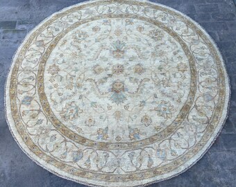 6x6 White Turkmen Round Area Rug - Afghan Hand Knotted Ziegler Rug - Turkmen Chobi Handspun Wool Rug - Turkish Oushak Circle Oriental Rug