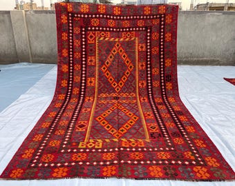 6x9 Afghan Vintage Handwoven Flatweave Kilim Rug - Red Orange Blue Green Veg Dyes Wool Oriental Terracotta Afghan Medallion Rug 5.6x8.9 ft