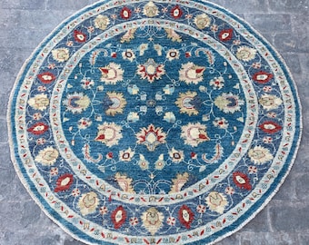 Blue 5x5 Round Rug - Floral Handspun Wool Veg Dye Rug - Ziegler Turkmen Oriental Circle Rug - Afghan Chobi Tribal Rug - Turkish Oushak Rug