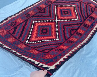 4x6 ft Red Afghan Tribal Rug - Vintage Geometric Traditional Rug 3.8x6.4 ft - Flatweave Boho Stye Oriental Area Rug 111x192 cm - Bedroom Rug
