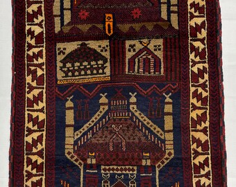 3x4.9 ft Antique Afghan Baluch Rug - 3x5 Handmade Muslim Prayer Carpet - Natural Veg Dyes Wool Rug - Soft Wool High Pile Afghan Baluch Rug