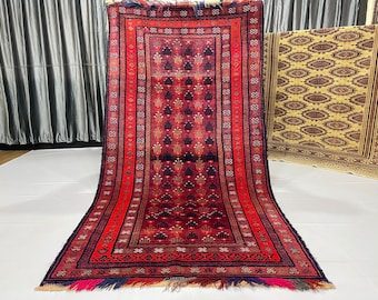3.9x7.2 ft One-Of-a-Kind Antique 1960s Afghan Tribal Area Rug - 4x7 Unique Natural Fruit Veg Dyes Wool Turkmen Rug - Artisanal Handmade Rug