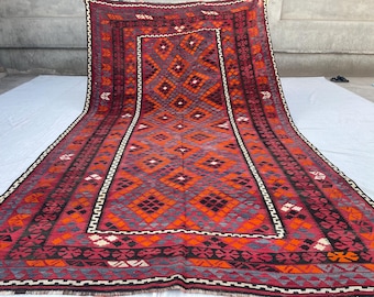 8x14 ft Old Afghan Turkomen Kilim Rug - Bokhara Turkoman Handwoven Gilem 7.11x13.9 ft - Turkish Anatolian Geometric Handmade Rug 241x418 cm