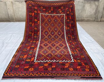 7x10 Vintage Red Afghan Kilim Rug - Antique Oriental Flatweave Traditional Rug 6.4x10 ft - Bohemian Vintage Tribal Turkmen Veg Dyes Wool Rug