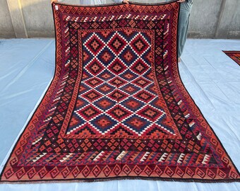 7x10 Geometric Handmade Rug - Afghan Traditional Handwoven Rug 6.4x9.7 ft - Red One of a Kind Area Rug - Antique Turkmen Rug 193x292 cm
