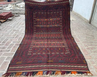 6x9 Black Oriental Afghan Soumak Kilim Rug - Authentic Antique Soumak Veg Dye Wool Rug - Turkmen Bukhara Soumak Rug - Turkish Soumak Kilim
