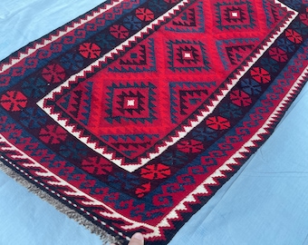 Red Tribal Afghan 3x6 Vintage Rug - Geometric Oriental Turkmen Medallion Rug 3.3x6 ft - Veg Dyes Natural Wool Rug - Handwoven Rug 100x184 cm